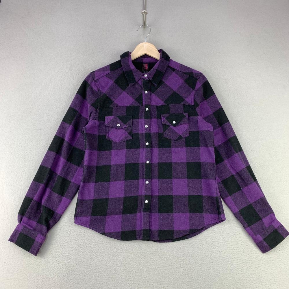 VTG Urban Groove Flannel Shirt Womens Small Purple Buffalo Plaid Pearl Snap
